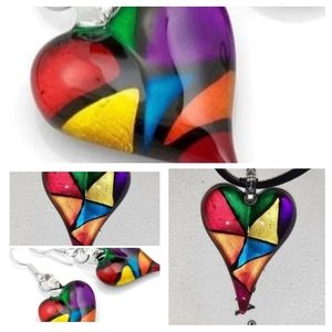 Murano Mosaic Blown Glass Necklace & Earrings Set NEW